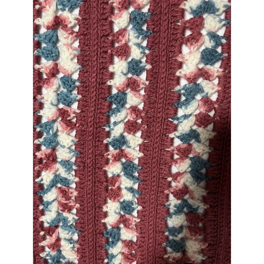 Vtg Handmade Crochet Afghan Throw Blanket Scallop Edge Blue Mauve White 46x68